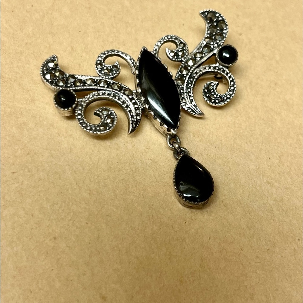 Art Deco Art Nouveau vintage brooch marcasite onyx Victorian revival elegant - Picture 3 of 6